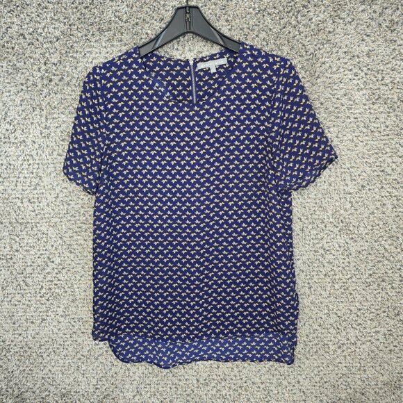 Daniel‎ Rainn Top Womens Medium Blue Printed Scoop Neck Blouse Zip Ladies - Picture 1 of 7